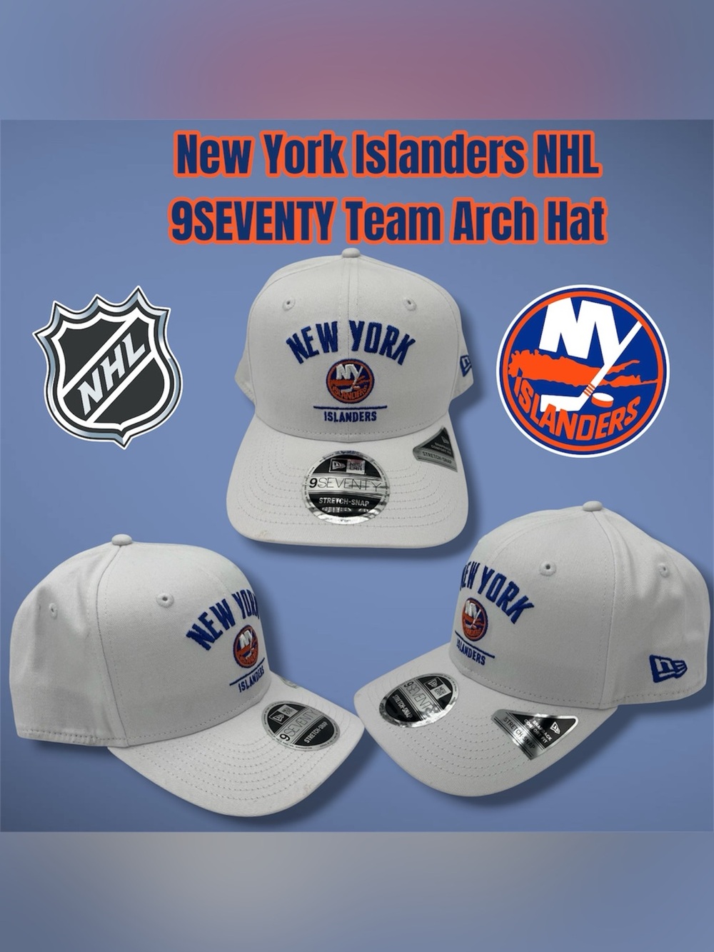 New York Islanders NHL 9SEVENTY Team Arch Hat, Snapback Adjustable Hat, White
